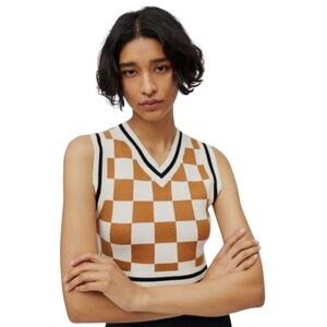 Urban Outfitters Randi Shrunken Sweater Vest, Preppy Check Pattern, Tan, Size M